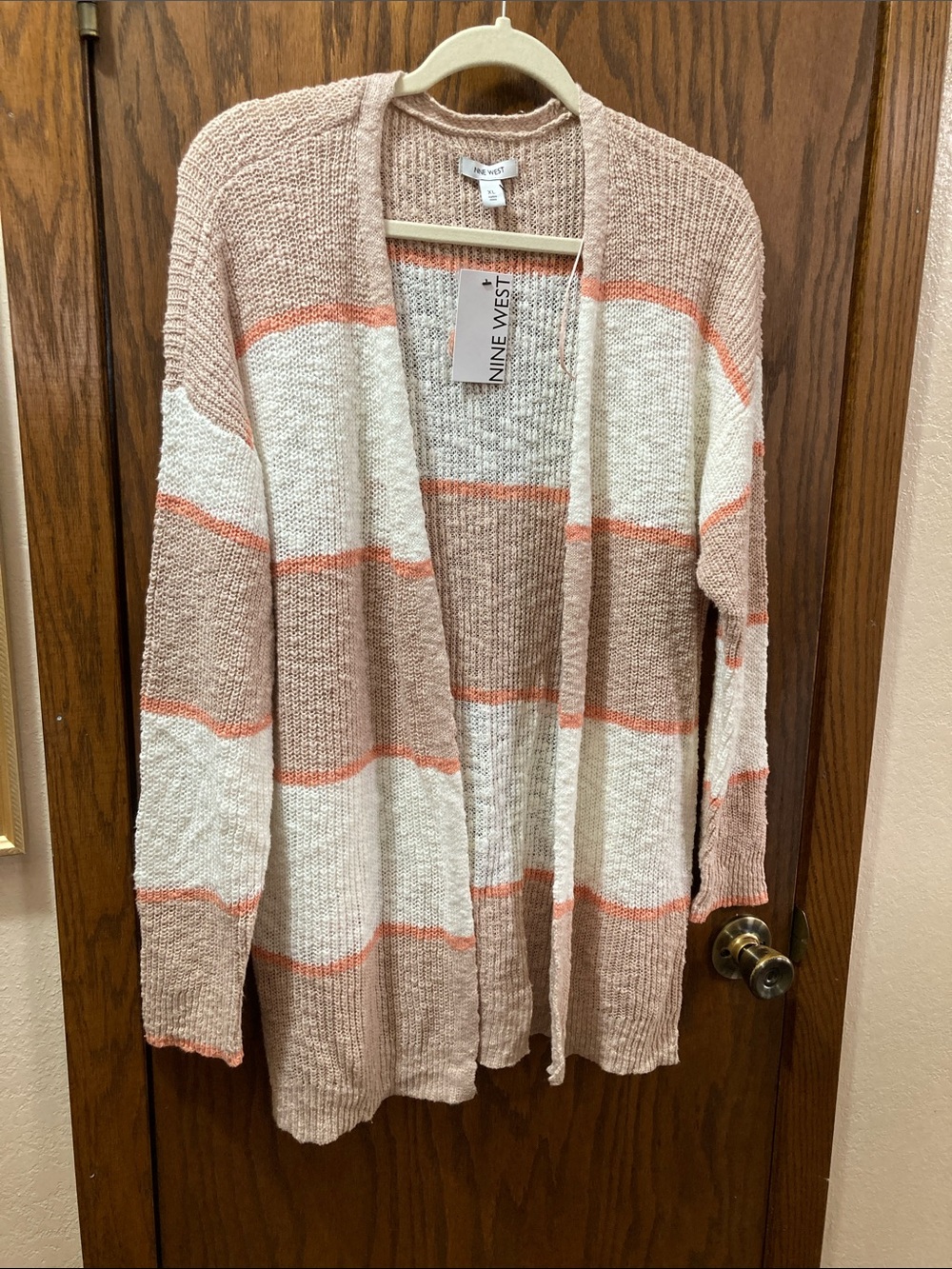 Nine West Blush, Cream & Peach Striped Open-Front Cardigan